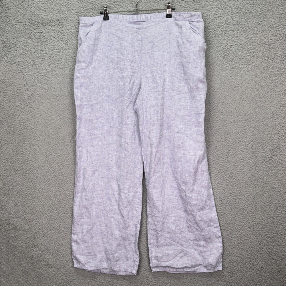 FLAX Pants Womens L Blue 100% Linen Wide Leg Elastic Waist Coastal Beachy Light